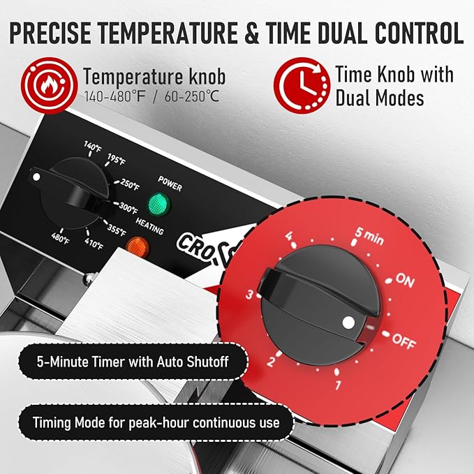 CROSSON Commercial Waffle Maker,Professional Round Belgian Waffle Maker Non-Stick Plate Machine with Temp and Time Control for Home Kitchen,Restaurant Bakeries Kitchen 120V/1300W