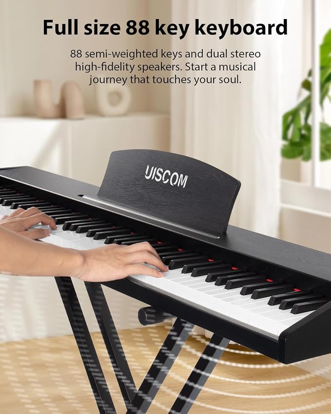 UISCOM 88 Key Digital Piano Keyboard for Beginners - Full Size Semi Weighted Wooden Electric Piano Set with Stand, Triple Pedal, Headphone,Carry Bag - Supports USB-MIDI Connecting (Wood Grain Black)
