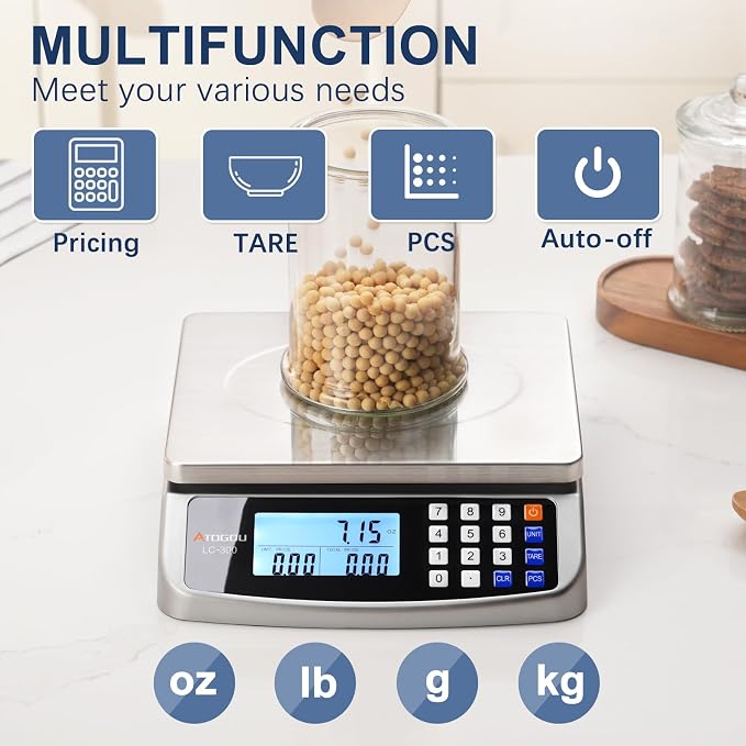 Atogou 110lb Food Scale, Commercial Kitchen Scale with Price Computing, Plug-in Usable, 0.05oz/1g, 304 Stainless Steel, for Cooking, Vegetables, Farm, Industry, Counting. LC300 Grey