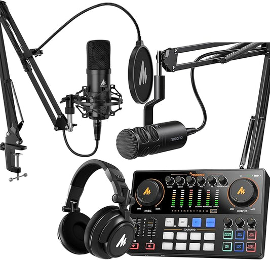 MAONO USB XLR Condenser Microphone Set: PC Computer Podcast Cardioid Metal Mic Kit with Software for Recording, Studio, Singing, YouTube (A04 Gen2+E2 Gen2+PD100S+MH601)