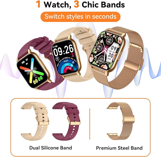 Smart Watch for Women (3 Bands), Fitness Tracker with Bluetooth Calls, IPX8 Waterproof Smartwatch for Android iPhone, 112+ Sport Modes, Heart Rate/Sleep/SpO2 Monitor, Gold