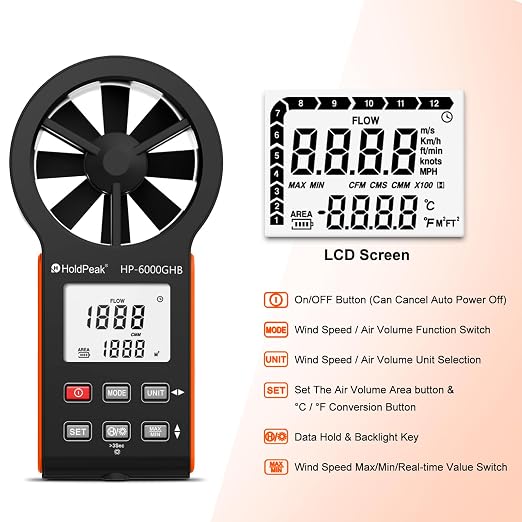 HOLDPEAK Handheld Anemometer, Digital Wind Speed Meter for HVAC, Drone Flying, Sailing & Weather Monitoring, Portable Air Flow Tester with Backlight, Rechargeable Battery, and Auto Shut-Off