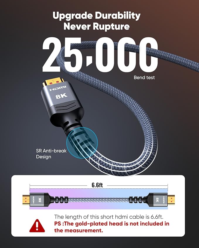 Highwings 8K 10K 4K HDMI Cable 48Gbps 6.6FT/2M, Certified Ultra High Speed HDMI Cable 2.1 Braided Cord-4K@120Hz 8K@60Hz, DTS:X, HDCP 2.2 & 2.3, HDR 10 Compatible with DVD Player/PS5/HDTV/Blu-ray