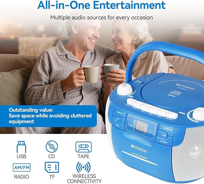 Retekess TR621P CD Player Boombox,Cassette Tape Player,Wireless,AM/FM Radio,Remote Control,Stereo Sound,Tape Recording, USB/TF,AC/D Battery Powered for Home