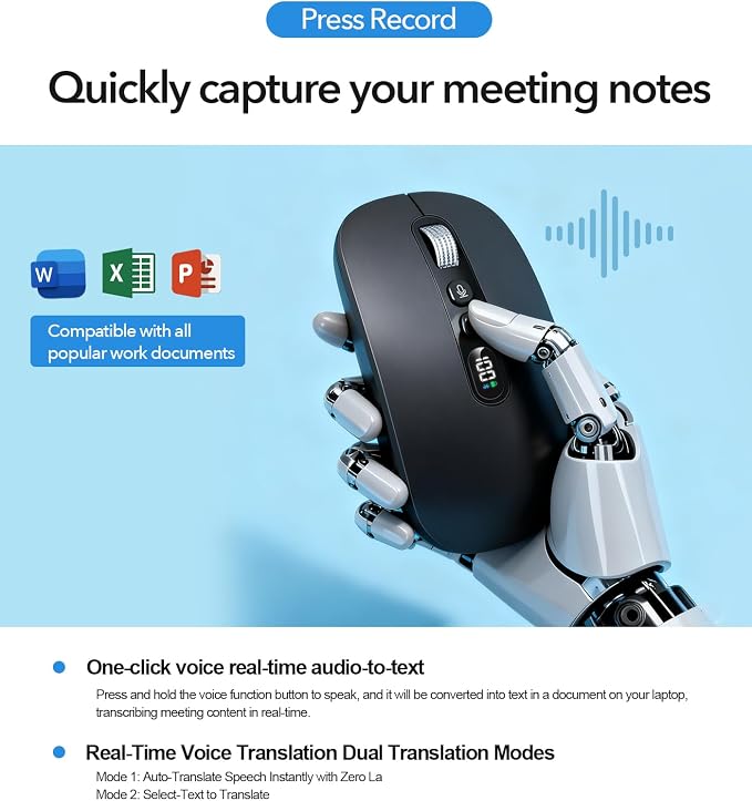 AI Wireless Mouse with Voice-to-Text & 200+ Language Translator, Bluetooth 5.0 Wireless Silent Mouse for MacBook/PC/Laptop,USB-C Rechargeable, Smart AI Writing for Office & Meetings