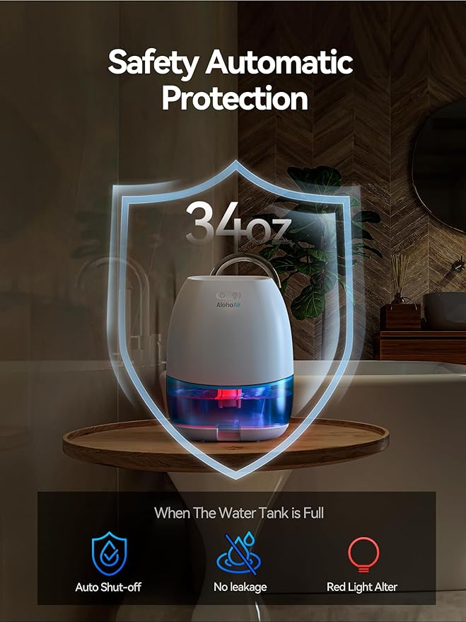 AlohaAir Dehumidifiers for Home, 34 oz Small Dehumidifier for Room, Quiet Dehumidifiers for Bathroom, Bedroom, RV, Closet with Auto Shut Off, 7 Colors Night Light