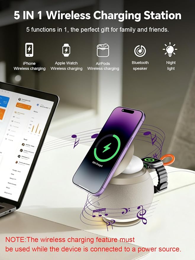 5 in 1 Wireless Charging Station with Bluetooth Speaker and Night Light, Magnetic Fast Charger Stand for iOS Phones, Smartwatch and Wireless Earbuds, Bedside Charging Station, Brown