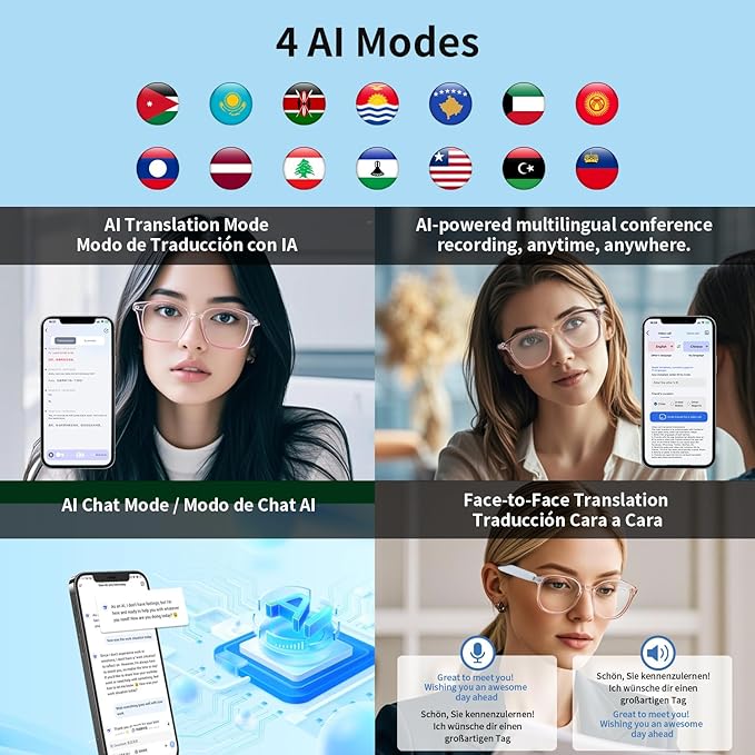 AI Glasses for Women Men, Smart Glasses with Real-Time Translation, Open Ear Blue Light Filtering Lenses, Supports 160+ Languages & Accents, Bluetooth Glasses for Travel Meeting Trade Business