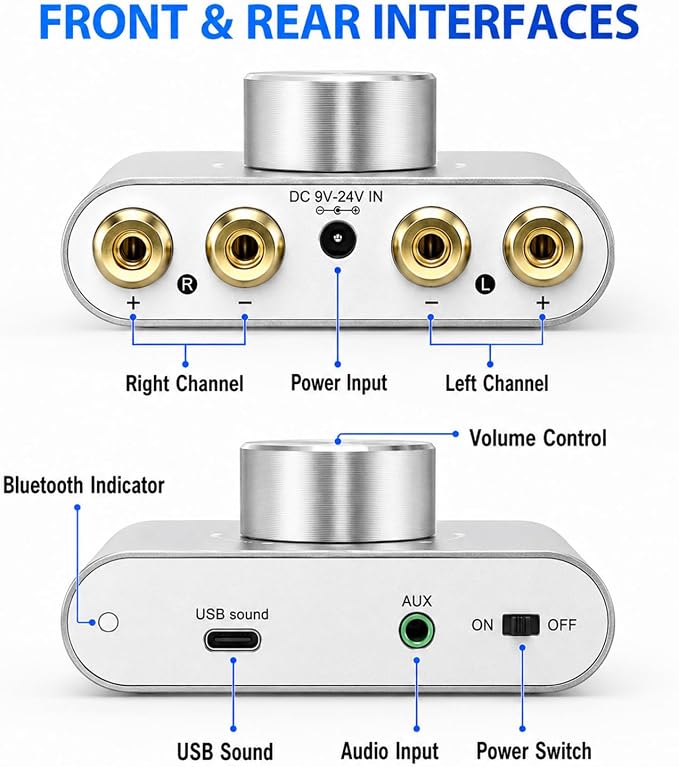 Facmogu F900S 160W Bluetooth 5.0 Mini Amplifier, 80Wx2 2.0CH Audio Power Amplifier, Hi-Fi Stereo Sound Digital Amp Wireless Speaker Amp Receiver w/AUX/USB/BT Input & 12V 5A Power Adapter - Silver