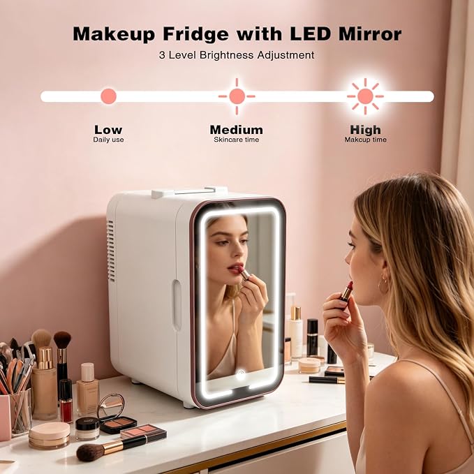 YLFU Skincare Fridge, 6L Small Mini Fridge for Bedroom with 3-Level LED Mirror for Makeup Cosmetics, Cooler & Warmer Personal Refrigerator for Drink Office Dorm and Food