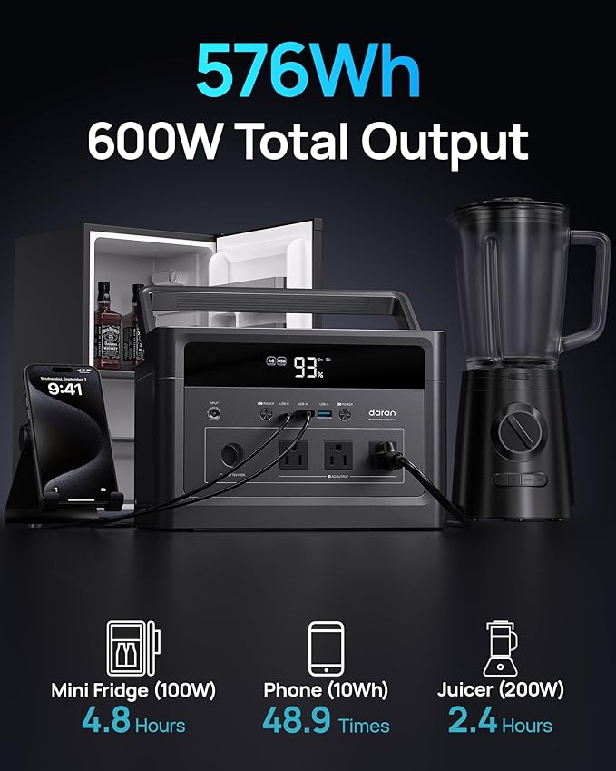 DaranEner Portable Power Station with 100W Solar Panel, 600W Solar Generator (1200W Peak), 576Wh LiFePO4 Battery Backup for Home, CPAP, RV Camping & Off-Grid Power