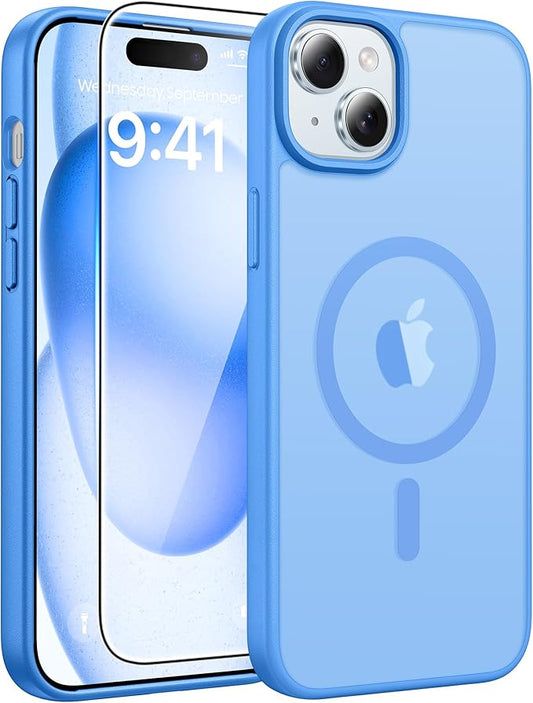 FNTCASE for iPhone 15 Case: for iPhone 14 Case & iPhone 13 Case [Compatible with Magsafe] Translucent Matte Cases with [Screen Protector] Military Grade Shockproof Protective Phone Cover - Ice Blue