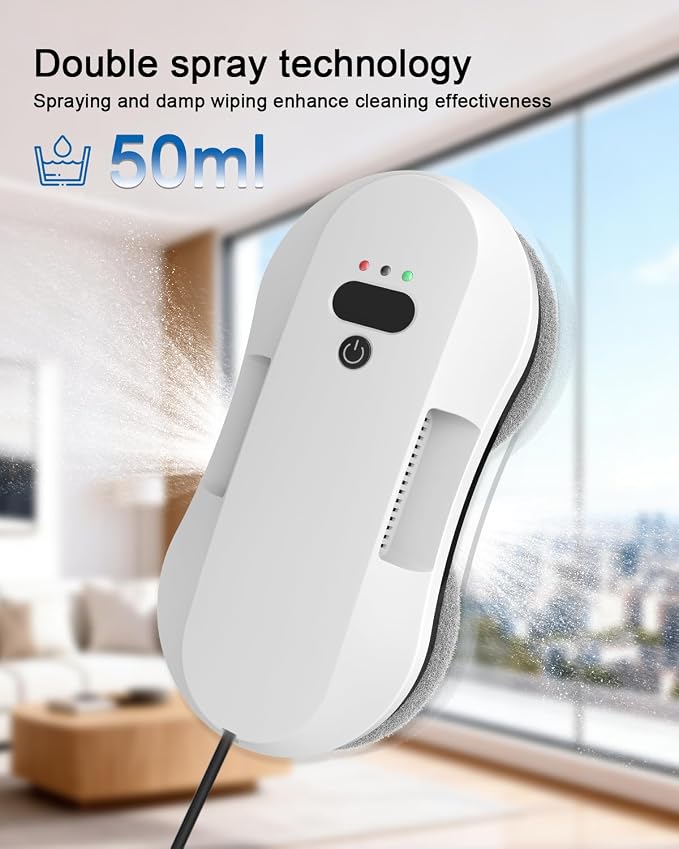 Automatic Window Cleaning Robot for High Windows with 3000Pa Strong Suction, Dual-Nozzle, Power Failure Protection & Safety Rope, 10 Double-Sided Replacement Cloths
