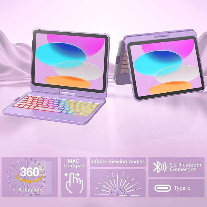 For iPad 11th Generation/10th Generation Case with Keyboard,Touch Keyboard for iPads A16 /10th Gen 10.9 inch 2022 - 10 Color Backlight, 360° Rotatable Protective Case for iPad A16 with Pencil Holder