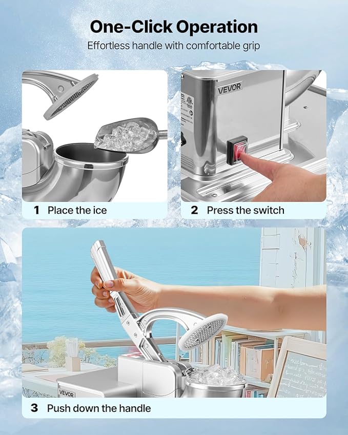 VEVOR Commercial Ice Crusher 661LBS/H, 350W Electric Snow Cone Machine with 4 Blades, 2000RPM Stainless Steel Shaved Ice Machine with 11 Gal Crushed-Ice Box, for Family Restaurants Bars, Silver