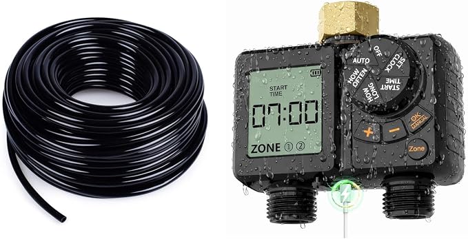 MIXC 100FT 1/4 Inch Blank Distribution Tubing + MIXC Rechargeable 2-Zone Water Timer