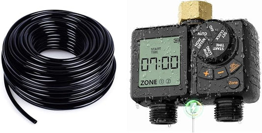 MIXC 100FT 1/4 Inch Blank Distribution Tubing + MIXC Rechargeable 2-Zone Water Timer