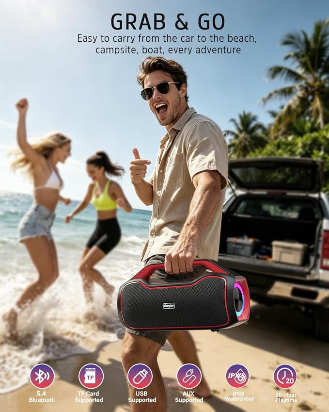 Portable Bluetooth Speaker Wireless, 120W Peak Deep Bass Loud Stereo Sound, BT5.4, IPX6 Waterproof, 20-Hour Battery Life, RGB Lights, TWS Pairing, Party Speaker for Outdoor, Beach, Camping, Tailgate