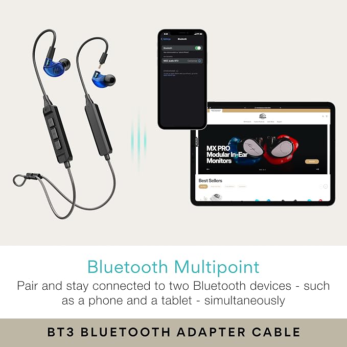 MEE audio M6 PRO Musicians' in-Ear Monitors Wired + Wireless Combo Pack: Includes IEMs, 2 Audio Cables and BT3 Hi-Res Bluetooth Audio Adapter w/aptX, LDAC, Auracast Support, & Built-in Headset (Blue)