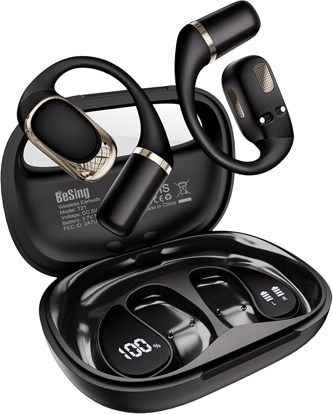 Open Ear Earbuds, Over Ear Headphones with Ear Hooks, True Wireless Bluetooth 6.0 Earphones, Stereo Sound, Ultra-Comfort, 50H Playback, IPX7 Waterproof Ear Buds with Mics for Running Sports