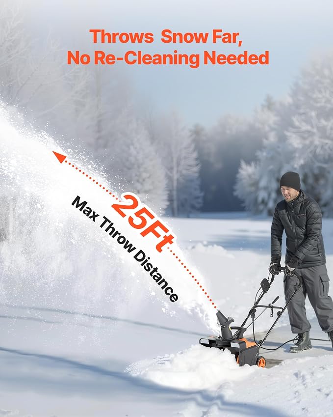 VEVOR Corded Electric Snow Blower, 20 inch 15A Snow Thrower with Dual LED Headlights & 180° Rotating Chute, 25FT Throwing Distance, 12" Depth Clearing, Walk-Behind Snowblower for Driveway Sidewalk