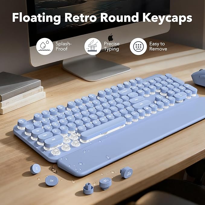 Wireless Keyboard and Mouse Combo, Backlit Round Keycaps, Retro Typewriter Keyboard with Detachable Wrist Rest, Rechargeable & Tilt Legs, 2.4GHz Cordless Connection for Windows/PC (Glowing Purple)