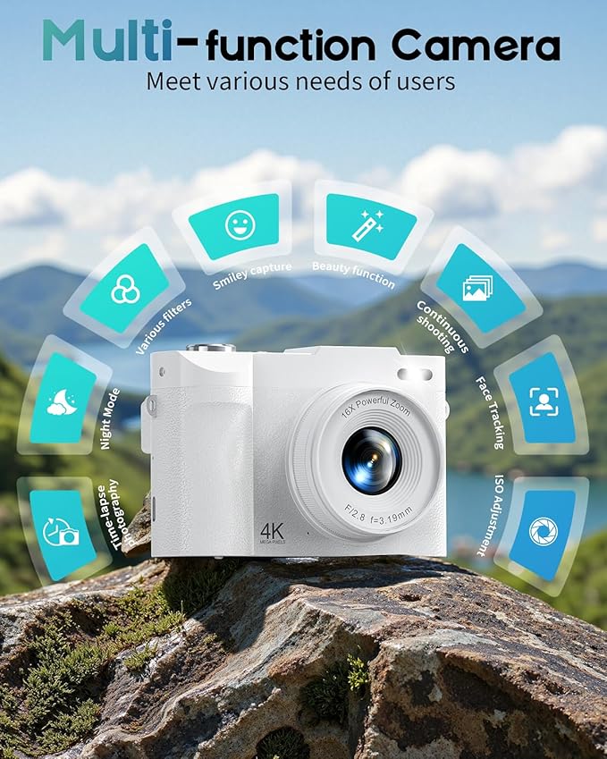 4K Digital Camera for Photography, 50MP Vlogging Camera for YouTube, Compact Cameras with 2.8" 180° Flip Screen, 16X Digital Zoom, Point and Shoot Camera with 32GB SD for Beginners, Travel, White