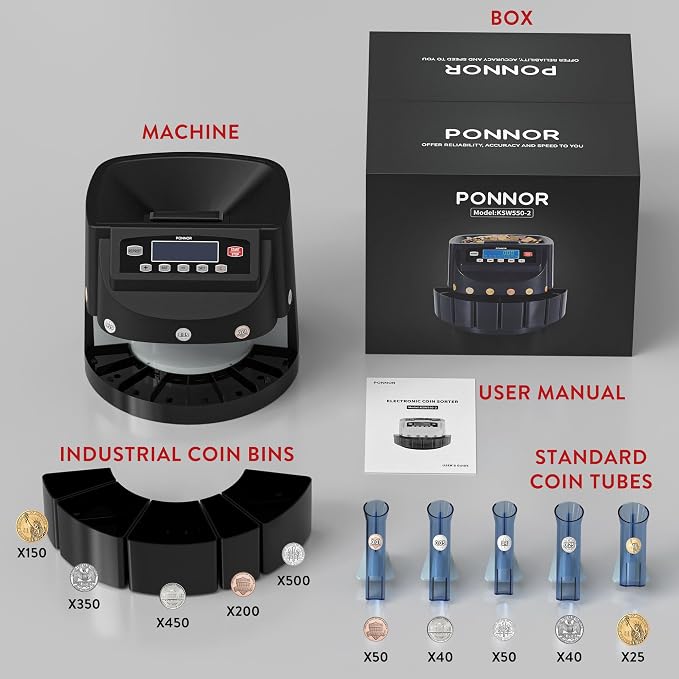 PONNOR Coin Counter Machine Sorter Change and Wrapper Roller Counting Organizer Sorts up to 300 Coins Per Minute Automatically Sorts and Batches - Black