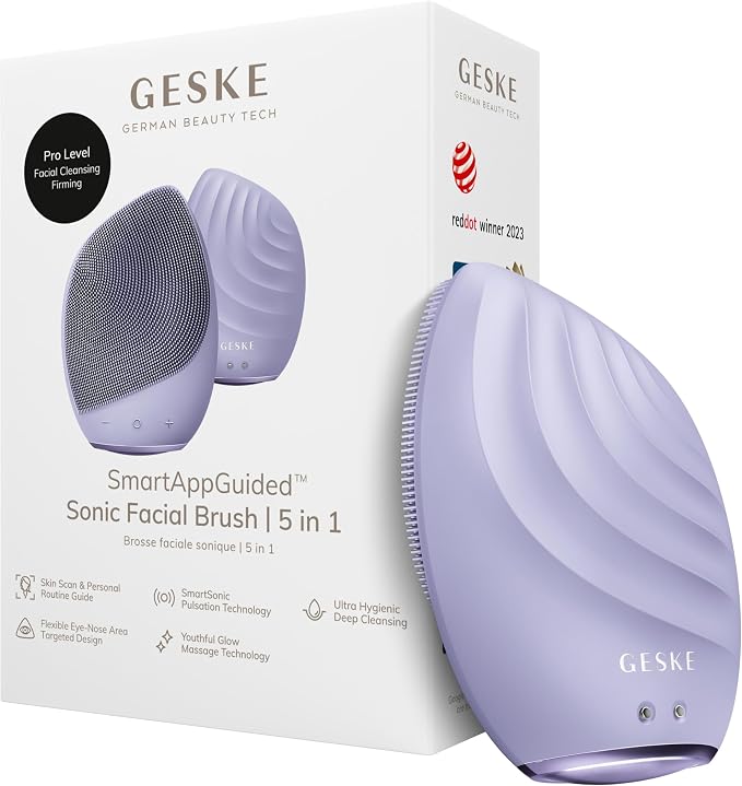 GESKE SmartAppGuided™ Sonic Facial Brush 5 in 1 | Vibrating Electric Facial Cleansing Brush | Soft Silicone Brush | Professional Facial Cleanser | Skin Cleanser & Exfoliator | Face Massager