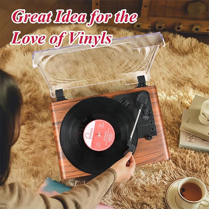 Vinyl Record Player with Speakers,3 Speed Turntable with Latest Bluetooth 5.3, Aux Input, Headphone Jack, RCA Output and Auto Stop, Mirror Vintage Wooden Brown