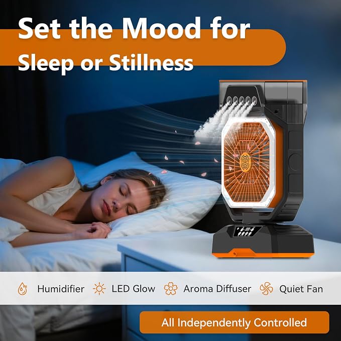 Weljoy Desk Fan 5 Sprayers Rechargeable Misting Fan - 5 Speed Portable Cooling Fan 560ml Water Tank Aromatherapy Diffuser Timer 27000mAh Battery (Black & Orange)