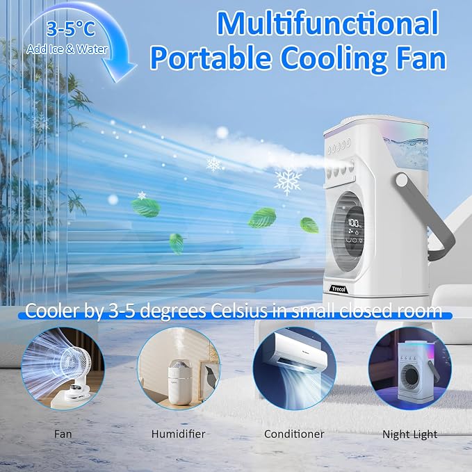 Portable Air Conditioner Fan, 10000 mAh Rechargeable Desk Fan, 900ML Misting Fan with 3 Spray Levels, 120° Rotation, 10 Wind Speeds & 7-Color Light Personal Cooling Fan for Home, Office, Camping