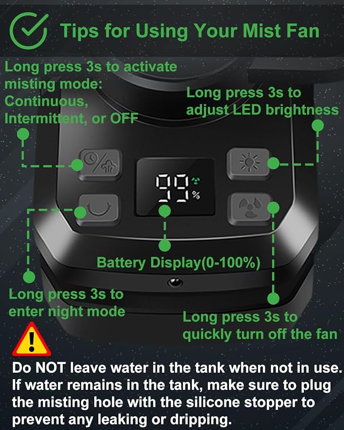 Portable Rechargeable Misting Fan with 12oz Mist, Battery Life Display, Remote, Timer, Light, 5 Speeds, 9-Inch, 10000mAh 60H Battery Powered Clip Fan for Stroller, Travel, Outdoor, Poweroutage