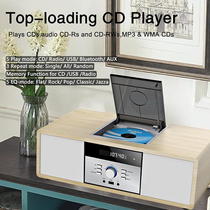Nostalgic Bluetooth Stereo System for Home, WISCENT Vintage Micro HiFi Systems CD Player,with Bluetooth Audio Streaming,FM Radio,USB Port,Aux-in,Earphone Port (Wood Color)