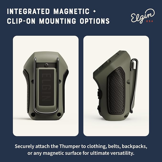 Elgin Thumper Mini Wearable Bluetooth Speaker, 35-Hour Battery Life, 50 ft Wireless Range, Water-Resistant, Magnetic Mount & Clip-On Design with LED Work Light for Jobsite, Outdoor & Everyday Use