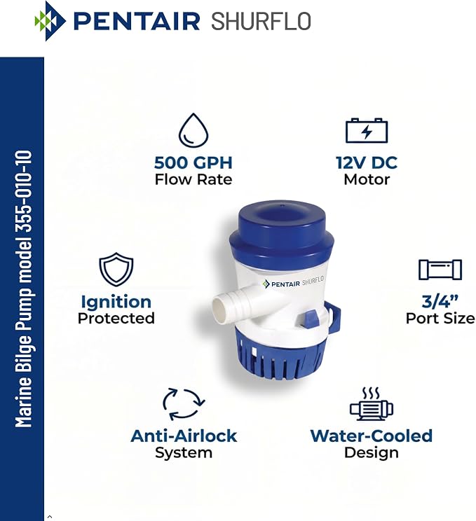 PENTAIR SHURFLO 355-010-10 Marine Bilge Pump, 500 GPH Submersible Marine Pump, Anti-Airlock, ABS Housing, Nylon Impeller, Ignition Protected, 12V DC, CE Certified