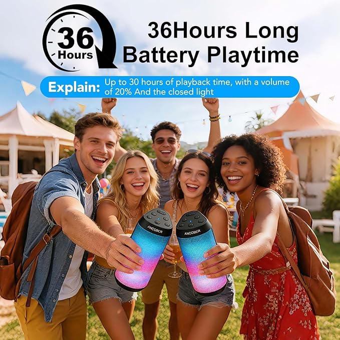 Portable Bluetooth Speaker, 20W Stereo Loud Sound, 8 Modes LED Light Show, 30H Playtime, IPX4 Waterproof, TWS Pairing, Built-in Mic, BT5.3 Wireless Speaker for Outdoor, Party, Travel, Home, Ideal Gift
