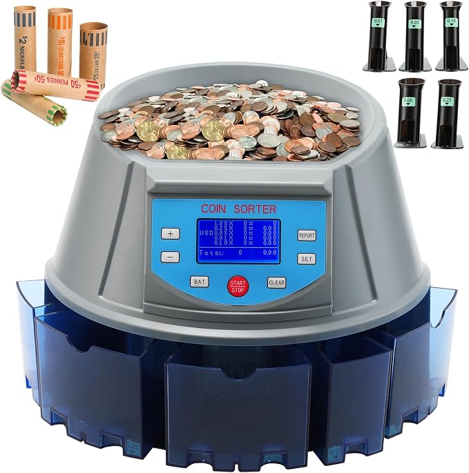Coin Counter with LCD Dual-Display, Coin Sorter 300 Coins/min, Change Machine Large Capacity Hopper for 1￠ 5￠ 10￠ 25￠ $1, Included 5 Coin Bins & 5 Tubes & 5 Wrappers