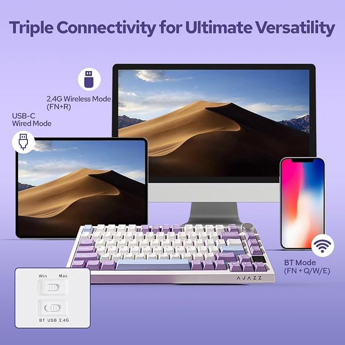 EPOMAKER Ajazz AK820 Pro 75% Wireless Mechanical Keyboard with TFT Smart Display&Knob, Gasket-Mounted Gaming Keyboard, BT/2.4GHz/USB-C Wired (Purple, Flying Fish Switch)