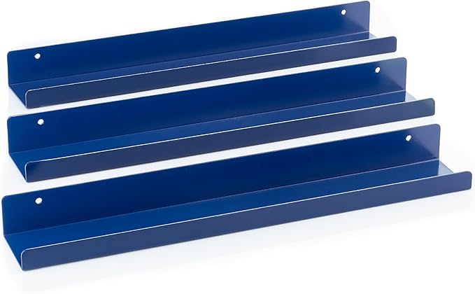 Vinyl Record Shelf - 3 Metal Display Shelves - Wall Mount Now-Playing Vinyl Shelves - an Album Record Holder that Doubles as a Picture Ledge - Fits All Records (Blue)