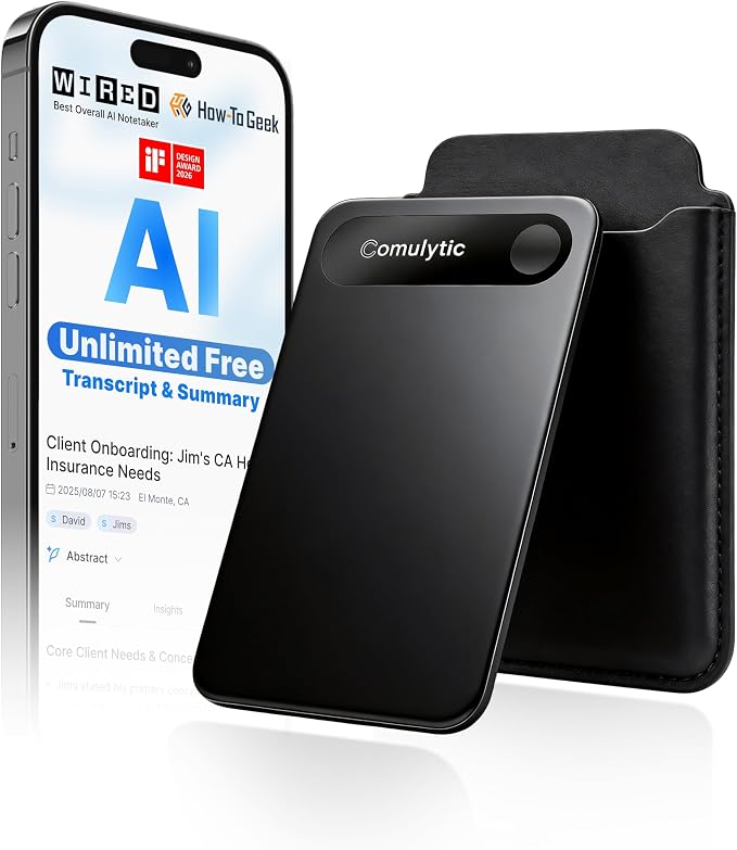 Comulytic Note Pro AI Voice Recorder, AI Note Taker w/Unlimited Transcribe & Summarize, App Control Digital Video Recorder, Support 113 Languages & Ultra-Slim for Meetings, Calls, Lectures Dark Black