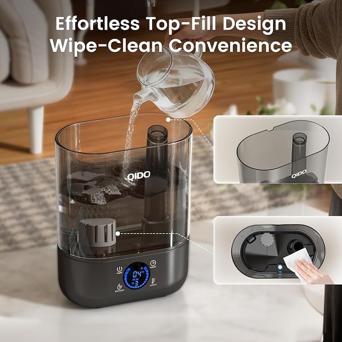 QIDO Top Fill Humidifiers for Bedroom, 5 L Cool Mist 36H Super Long Time, Quiet 28dB Essential Oil Diffuser for Baby & Plants, 3 adjustable Mist with Touch/APP/7-color Nightlight, Black