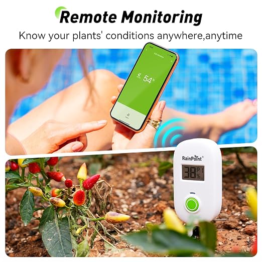 RAINPOINT Large Display Automatic Plant Waterer Indoor for Pot Plant Cycle & Soak Mode with WiFi Soil Moisture Meter Kit