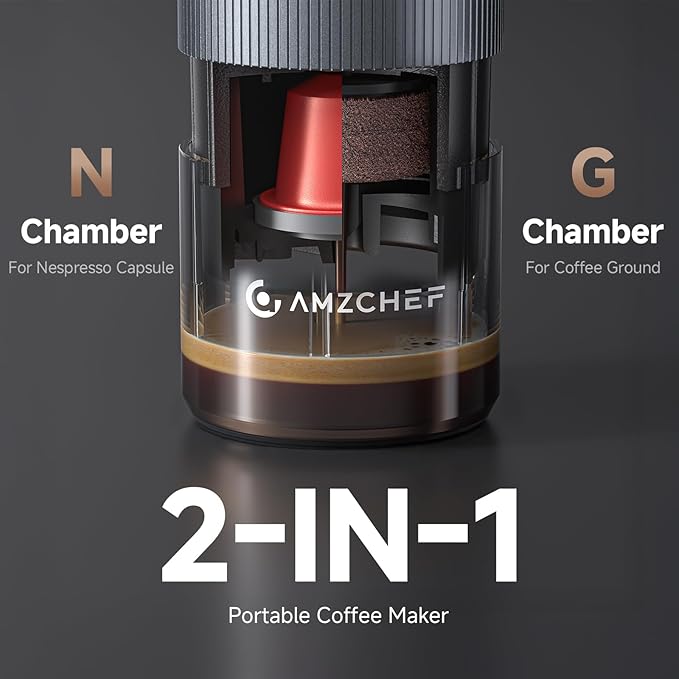 AMZCHEF Portable Coffee Maker Rechargeable w/ 9000mAh Battery, 2-in-1 Travel Espresso Maker for Ground/NS Capsules, Car Espresso Machine Self-Heating for Camping, RV, Hiking, Office