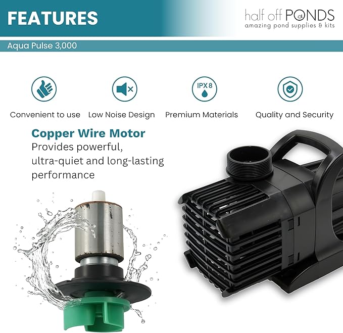 Aqua Pulse Submersible Pond Pump, 3,000 GPH, 33 ft Cord | 19 ft max head, 192W energy efficient, Ultra quiet, For koi ponds, Waterfalls, Fountains