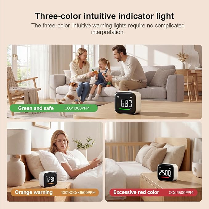 ATuMan CO2 Detector, Indoor Air Quality Monitor with Temperature & Humidity Sensor, NDIR Enabled Accurate CO₂ Meter, 2200mAh Rechargeable, Alarm Alert, Portable for Home/Office/Bedroom/Babyroom