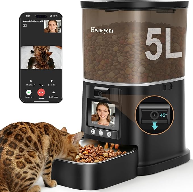 Automatic Cat Feeder with Camera, 5G WiFi Smart Pet Feeder with 2-Way Video/Audio, 45° Adjustable Angle, Night Vision, 5L Cat Food Dispenser for Cats & Small Dogs with APP Control for Vacation & Work