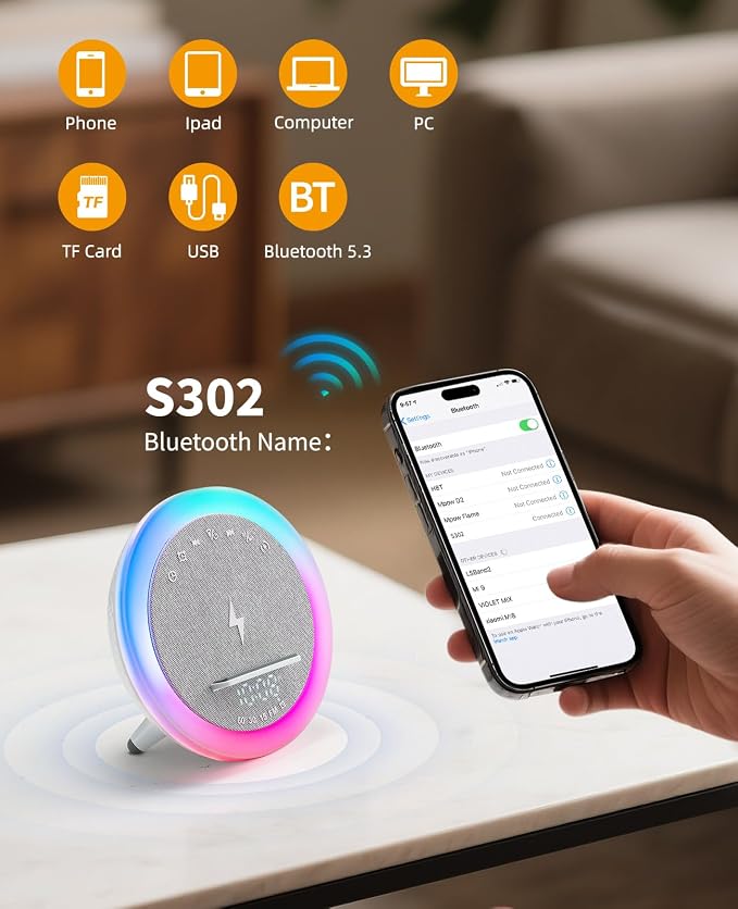 Alarm Clocks with 15W Wireless Charger, Bluetooth Desk Digital Speaker, Modern RGB Night Light Lamp with White Noise Sound for Teen Kids Girl Birthday
