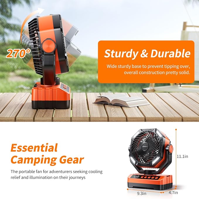 Doublepow 20000mAh Camping Fan with LED Light, Rechargeable Portable Table Fan, Upgrade with Remoter & Hook Auto-Oscillating Digital Display 5 Speeds & Timer, for Outdoor, Travel, Picnic, Power Outage
