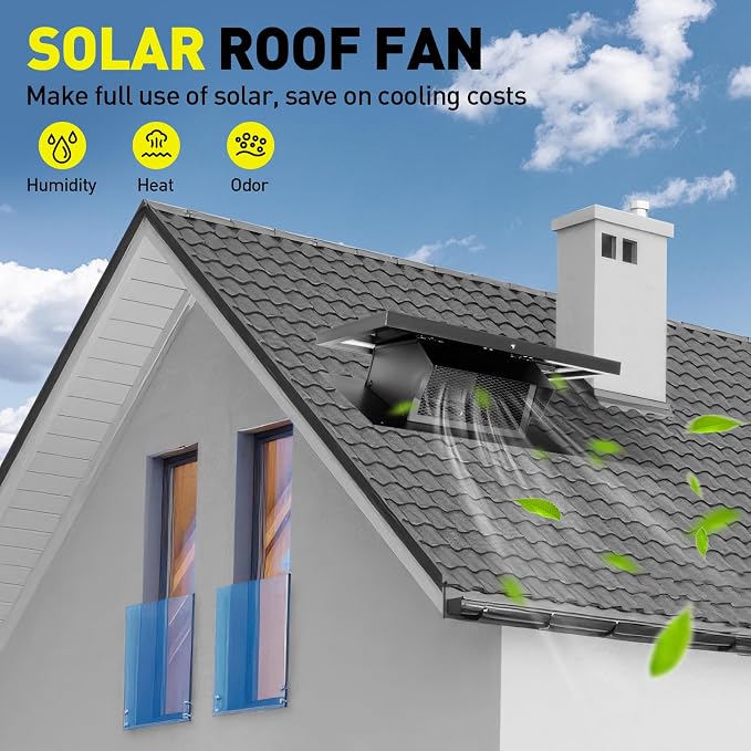 25W Solar Roof Vent Fan with 8 Inch Removable Roof Vents,Solar Attic Exhaust Fan for Ventilation System,Ideal Soalr Roof Fan for Garage, Shop and Warehouse,Black